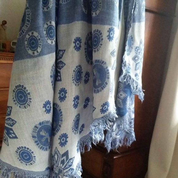Blue Floral Large Scarf with fringe, 80"x16" - Picture 6 of 8